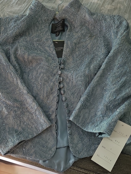 Carmen Marc Valvo Jackets & Blazers - Carmen Marc Valvo Dusty Blue Beaded Lace Jacket